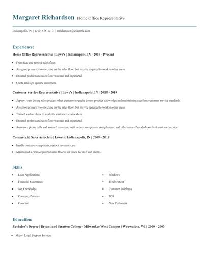 Home Office Representative Resume