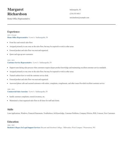 Home Office Representative Resume