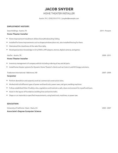 Home Theater Installer Resume