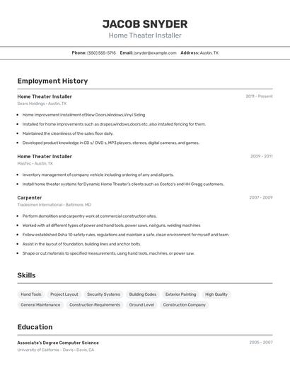 Home Theater Installer Resume