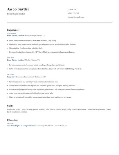 Home Theater Installer Resume
