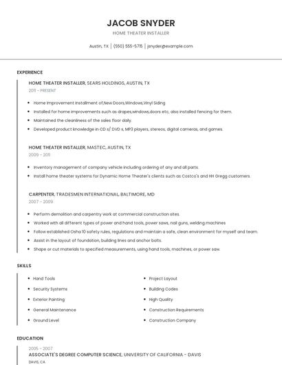 Home Theater Installer Resume