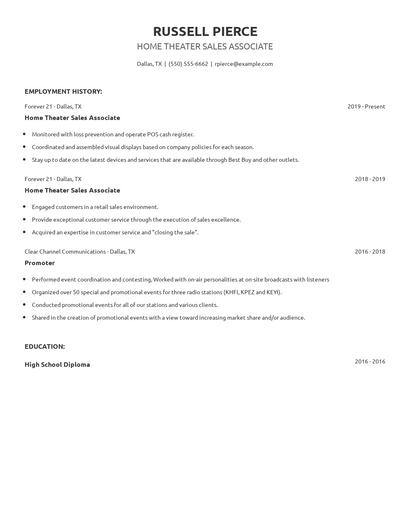 Home Theater Sales Associate Resume