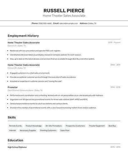 Home Theater Sales Associate Resume