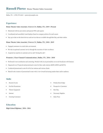 Home Theater Sales Associate Resume