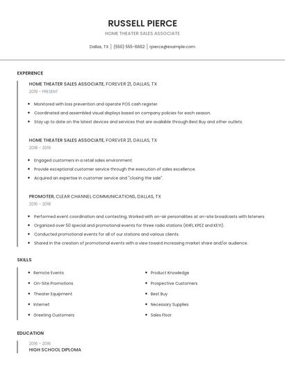 Home Theater Sales Associate Resume
