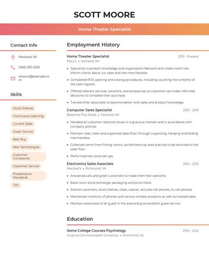 Home Theater Specialist Resume