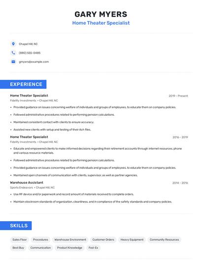 Home Theater Specialist Resume