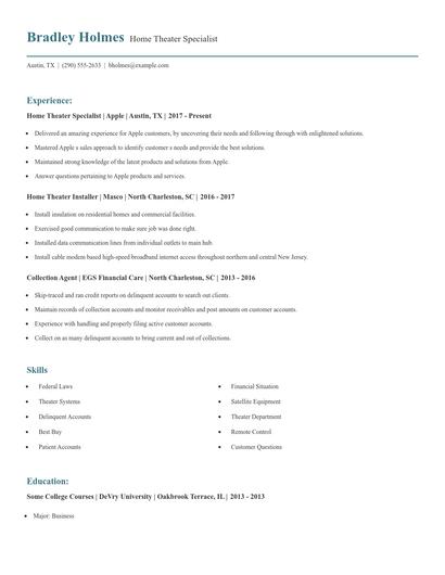 Home Theater Specialist Resume