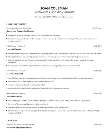 Homeowner Association Manager Resume