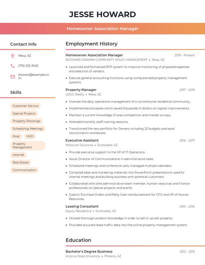 Homeowner Association Manager Resume