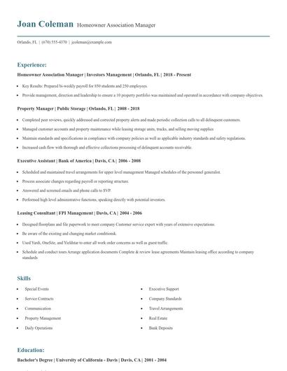 Homeowner Association Manager Resume