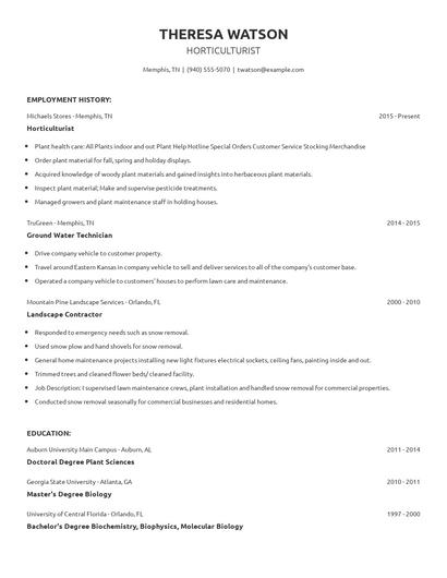 Horticulturist Resume