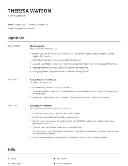 Horticulturist Resume