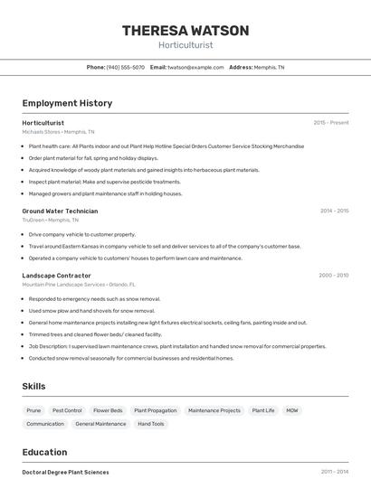Horticulturist Resume