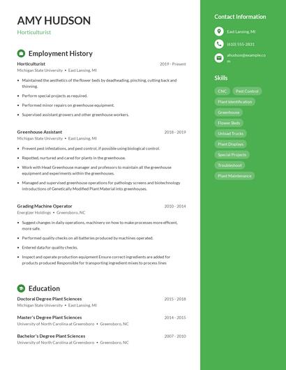 Horticulturist Resume