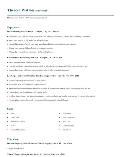 Horticulturist Resume