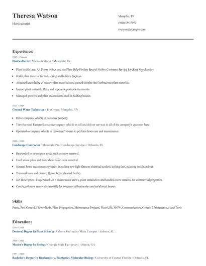 Horticulturist Resume