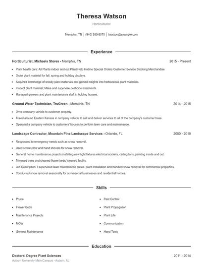 Horticulturist Resume