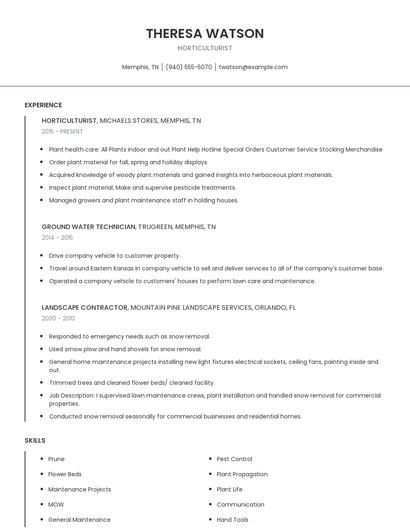 Horticulturist Resume