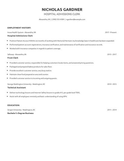 Hospital Admissions Clerk Resume