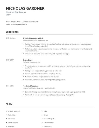 Hospital Admissions Clerk Resume
