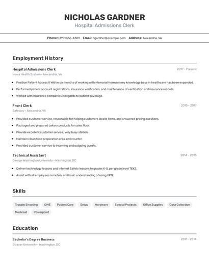 Hospital Admissions Clerk Resume