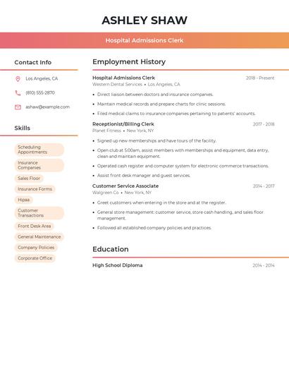 Hospital Admissions Clerk Resume