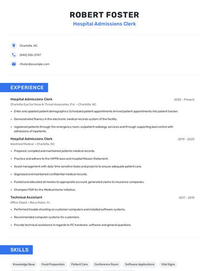 Hospital Admissions Clerk Resume