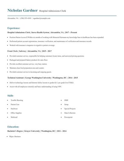 Hospital Admissions Clerk Resume