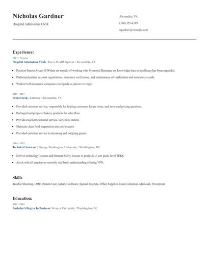 Hospital Admissions Clerk Resume