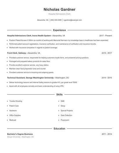 Hospital Admissions Clerk Resume