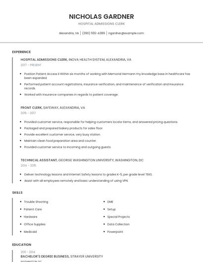 Hospital Admissions Clerk Resume