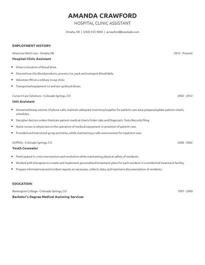 Hospital Clinic Assistant Resume