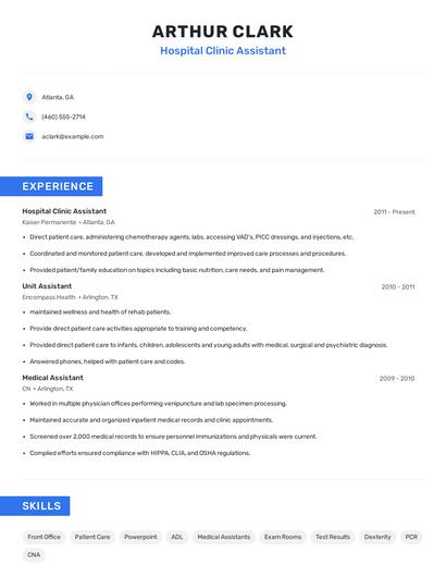 Hospital Clinic Assistant Resume