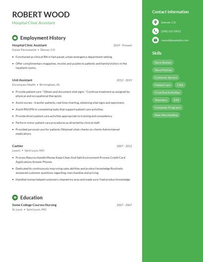 Hospital Clinic Assistant Resume