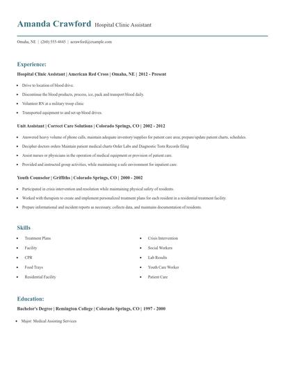 Hospital Clinic Assistant Resume
