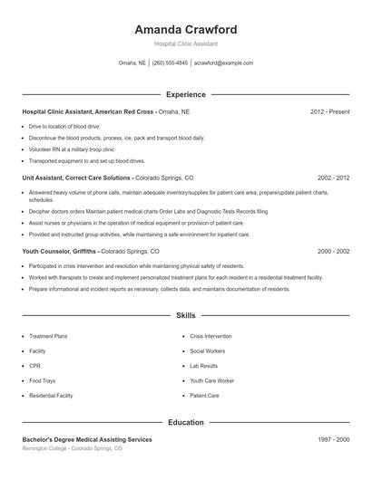Hospital Clinic Assistant Resume