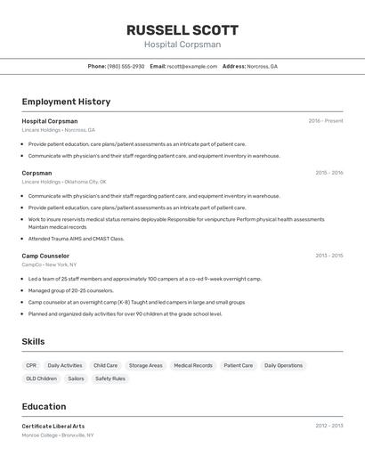 Hospital Corpsman Resume