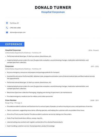 Hospital Corpsman Resume