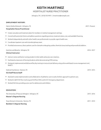 Hospitalist Nurse Practitioner Resume