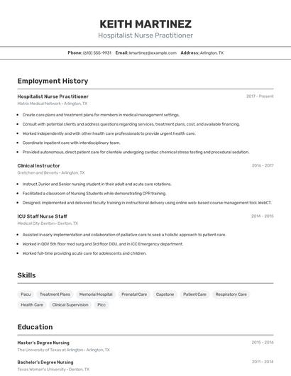 Hospitalist Nurse Practitioner Resume