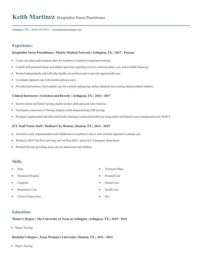 Hospitalist Nurse Practitioner Resume