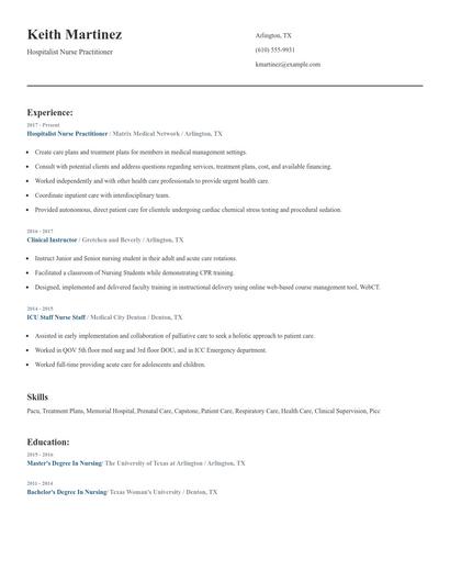 Hospitalist Nurse Practitioner Resume