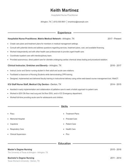 Hospitalist Nurse Practitioner Resume