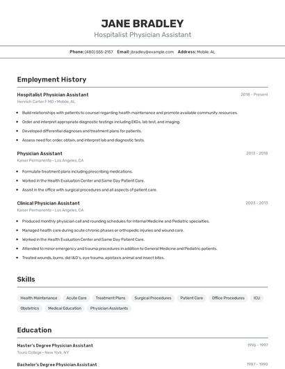 Hospitalist Physician Assistant Resume