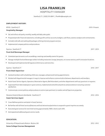 Hospitality Manager Resume