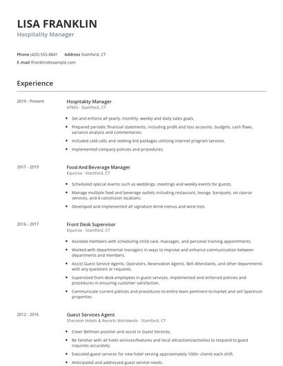 Hospitality Manager Resume