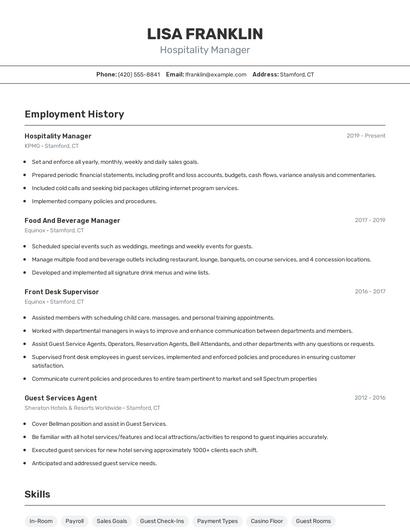 Hospitality Manager Resume