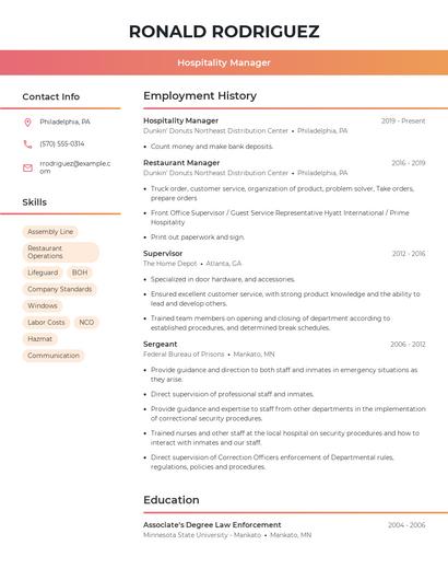 Hospitality Manager Resume